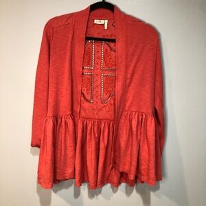 LOGO Lori Goldstein Tunic Cardigan Eyelet Cut Back Red-Pink